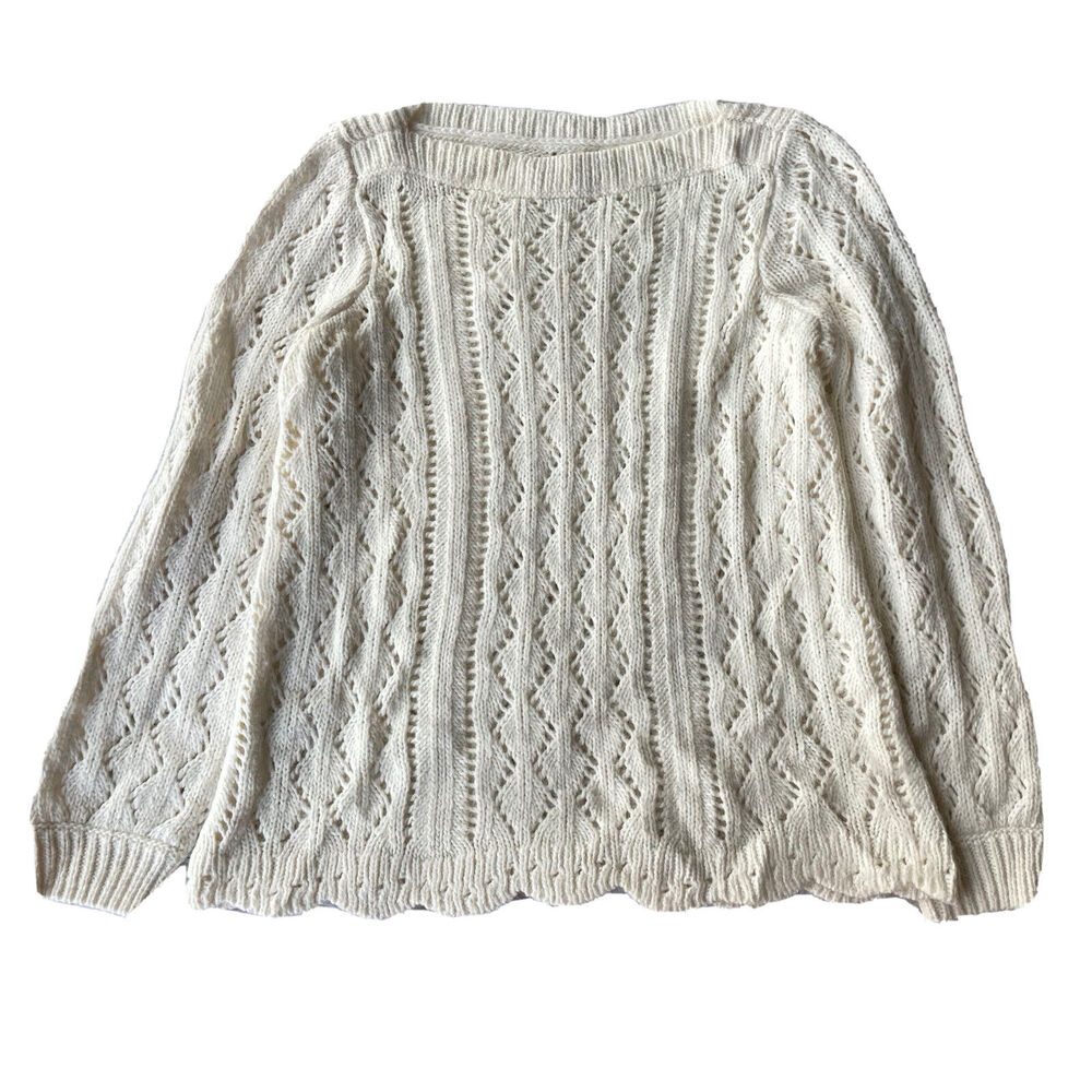 ANN TAYLOR LOFT Sweater Sz M Boat Neck Pullover Cream Plead Knit Casual Womens